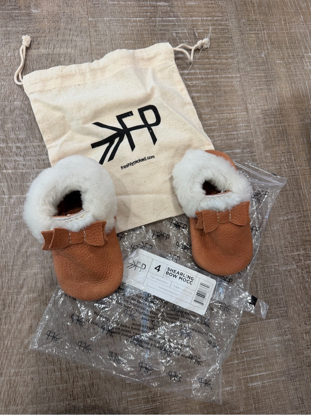 Freshly Picked Tan Shearling Bow Mittens for Kids